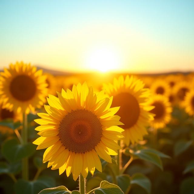 Un campo di girasoli sotto il sole estivo, con i petali dorati che rincorrono la luce.